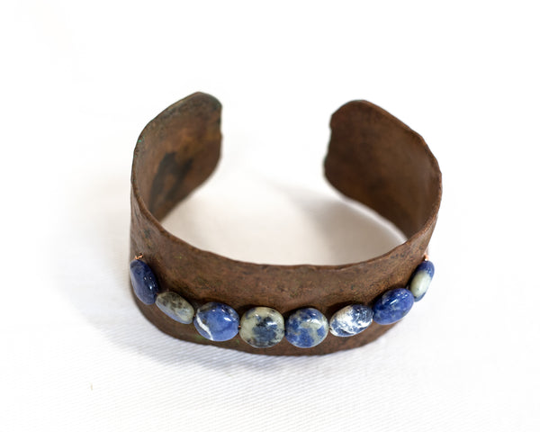 Pounded Copper Bracelet with Sodalite Beads